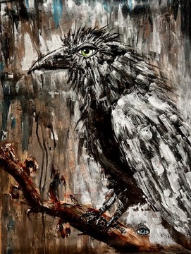 Vrana, akril-tekstilno usnje, 70x95 cm, 2025, Marcela Kopitar